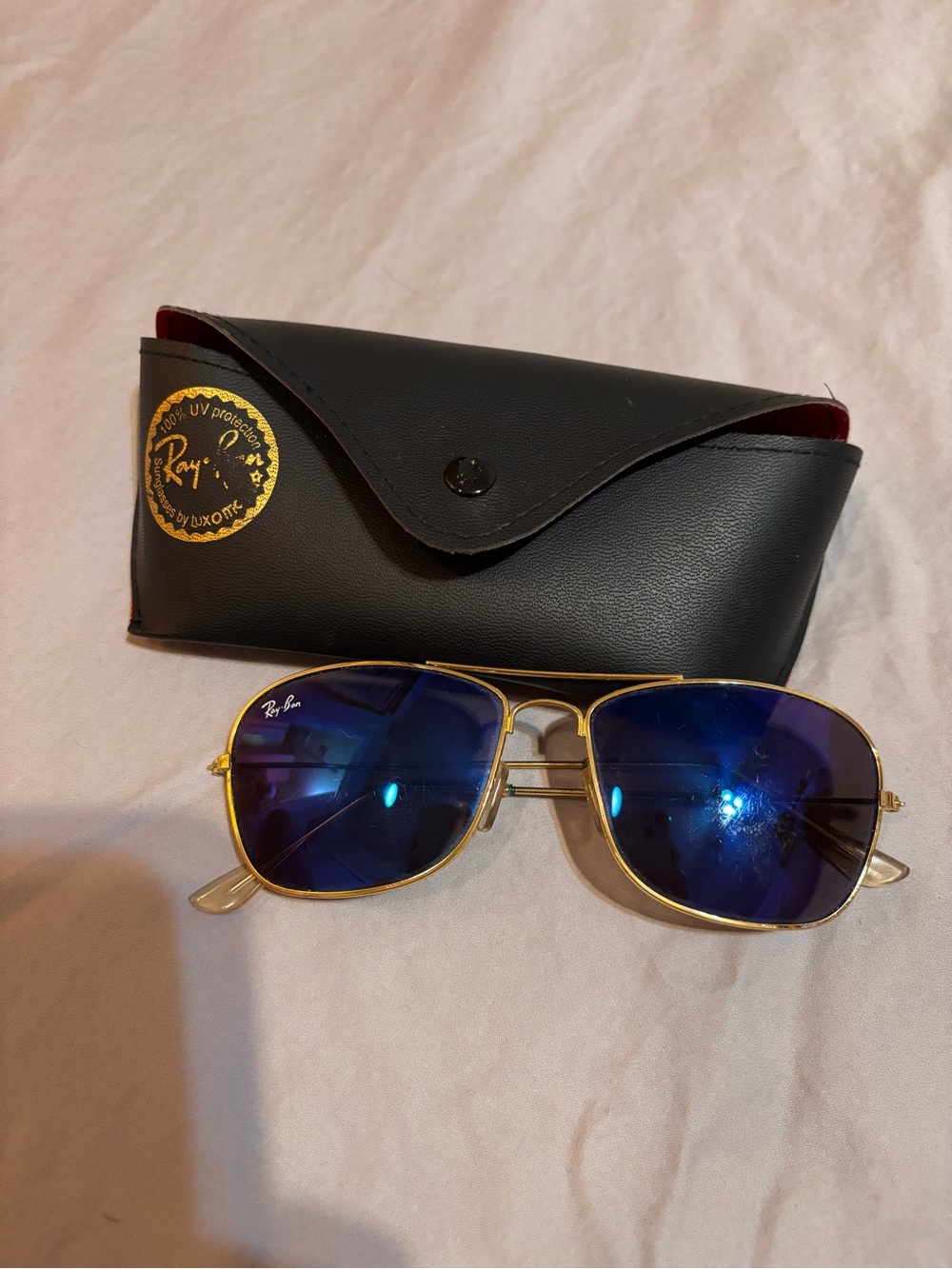 Ray-Ban Gold Frame Sunglasses with Blue Lenses